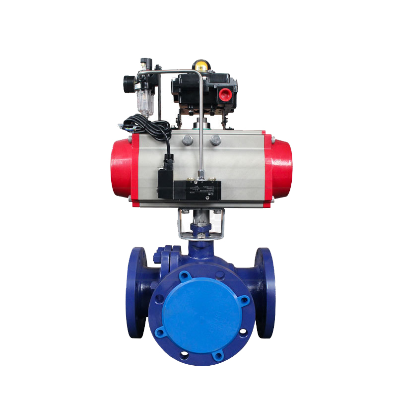 碳鋼氣動三通法蘭球閥